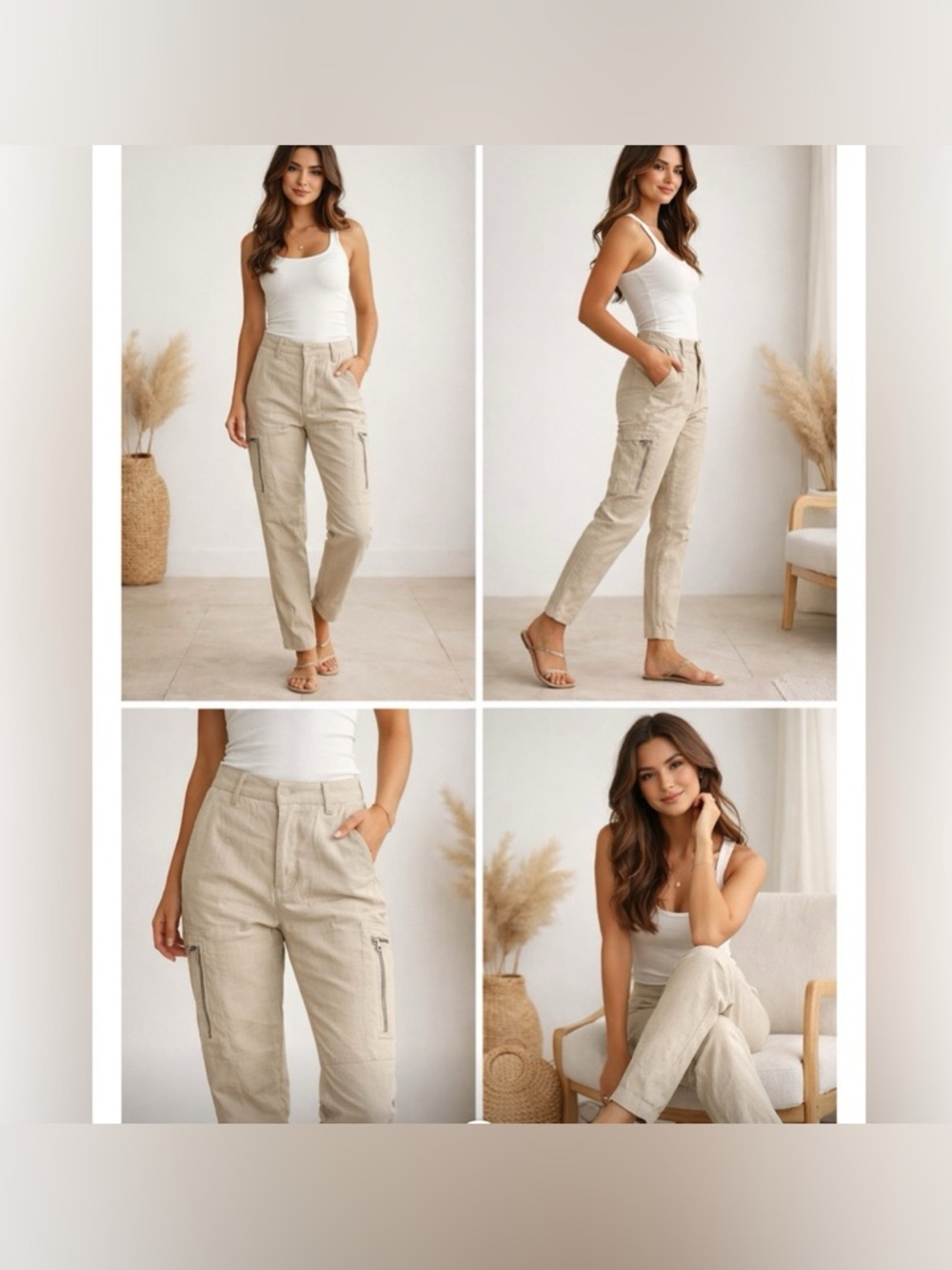 Vince Linen Blend Cargo Pants Tan High Rise Straight Leg Size 14